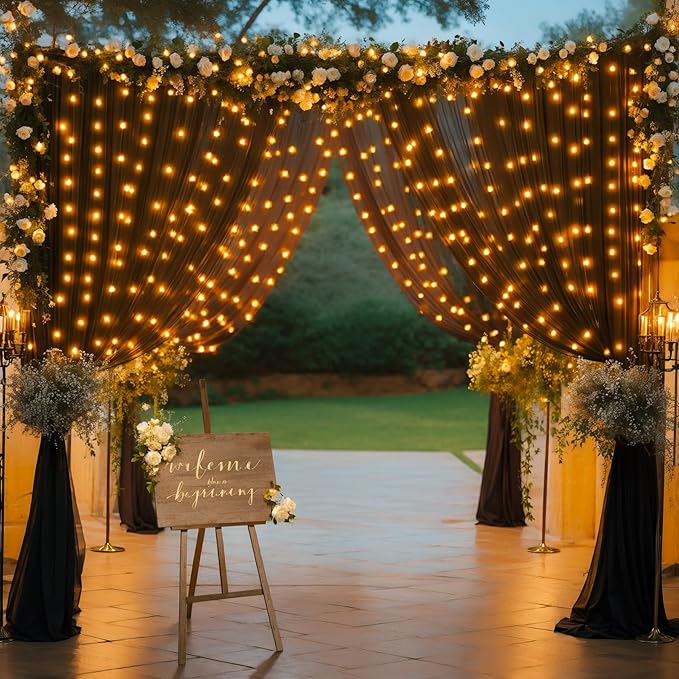 10x10FT Black Wrinkle Free Backdrop Curtains with Lights String for Parties - Photo Curtain Backdrop with Lights for Wedding Decorations, Bridal Baby Shower Birthday Party Photography Background