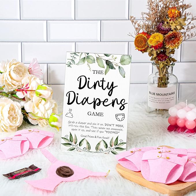 Roowest 51 Pcs Dirty Diaper Baby Shower Games Funny Wooden Sign with 50 Pcs Mini Diapers Cute Felt for Gender Reveal Party Baby Shower(Greenery Pink)