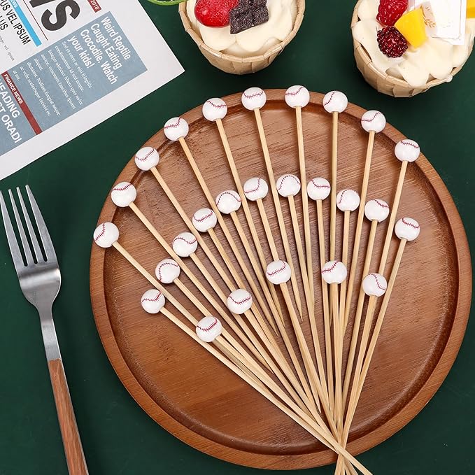 100 Pcs Baseball Toothpicks, 4.72 Inch Baseball Cocktail Picks for Appetizers, Long Bamboo Toothpicks, Decorative Toothpicks Skewers for Holiday Birthday Party Decorations (Baseball 3D)