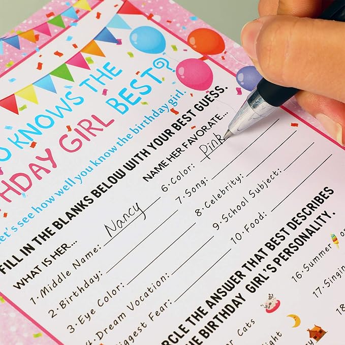 Skylety The Birthday Girl Best, 50 Pieces Birthday Party Activity Game Card Set Who Knows Her Best Girl Birthday Party Activity Themed Party Decorations (Pink)