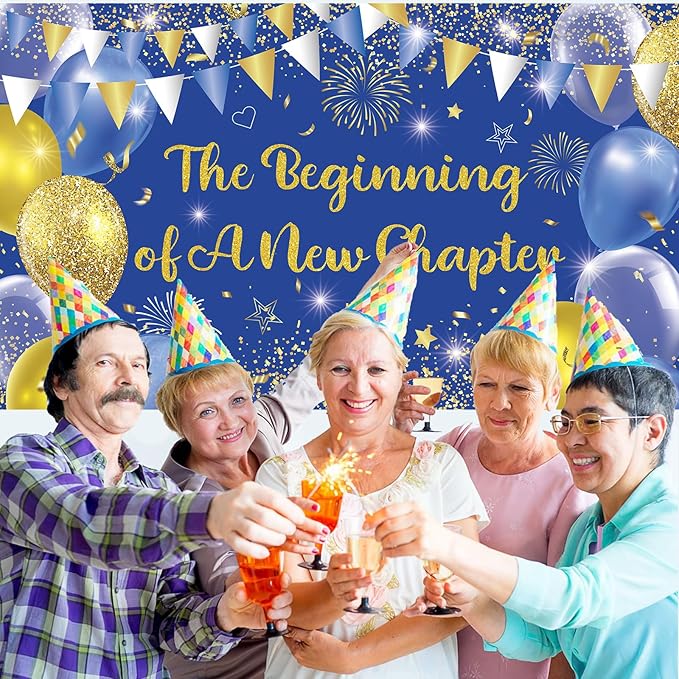 Blue Gold The Beginning of A New Chapter Backdrop Banner Photography Background Hanging for Graduation Party Decorations Class of 2025 Happy Retirement Going Away Party Supplies 72.8 * 43.3in