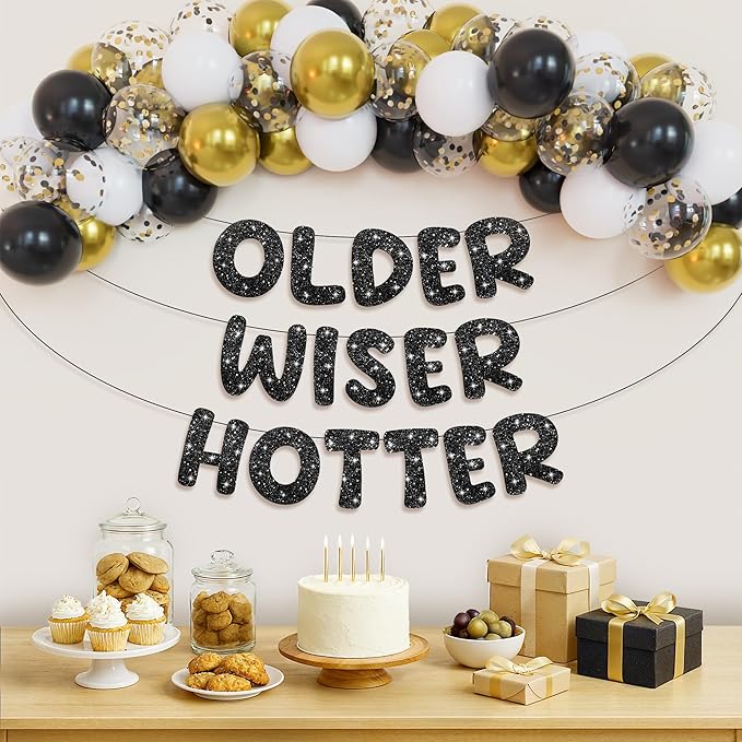 KatchOn, Older Wiser Hotter Birthday Decorations – Pack Of 51 | Black Happy Birthday Decorations Banner, Balloon Arch kit | Birthday Decorations for Men, Women | 60th 70th 50th Birthday Decorations