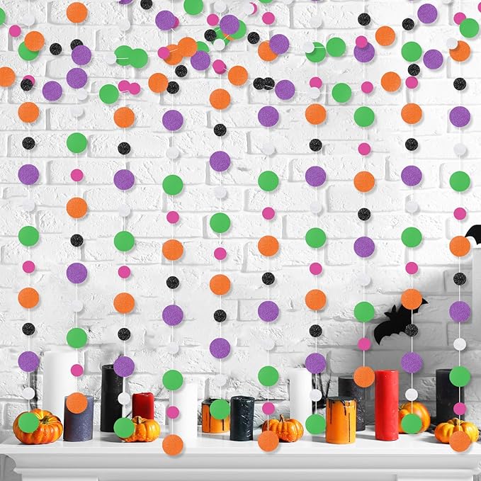 Outus 5 Pieces Orange,Black,Purple,Green,White Round Dots Garland Easter Graduation Party Hanging Decor Each Length 13.1ft Glitter Paper Dot Streamers for Birthday Wedding Classroom