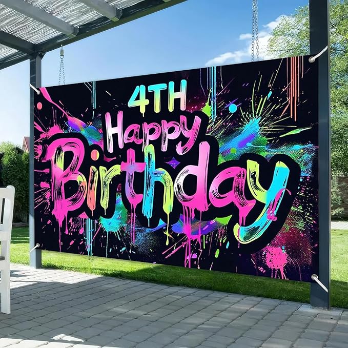 Neon 4th Birthday Party Banner 71x43 Inch Paint Splatter Walls Decor for Kids Boys Girls Four Years Celebration Photo Booth Dynamic Background Glow in The Dark Backgrounds