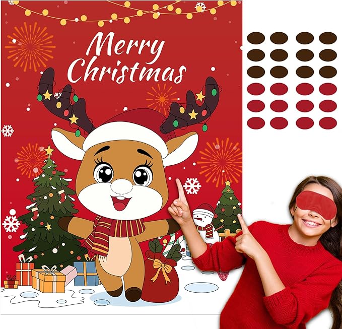 Christmas Games - Pin The Nose on The Reindeer Games for Families Party, Cute Indoor Christmas Home Decor Party Decorations, Xmas Activities Presents Holiday Decor, Red