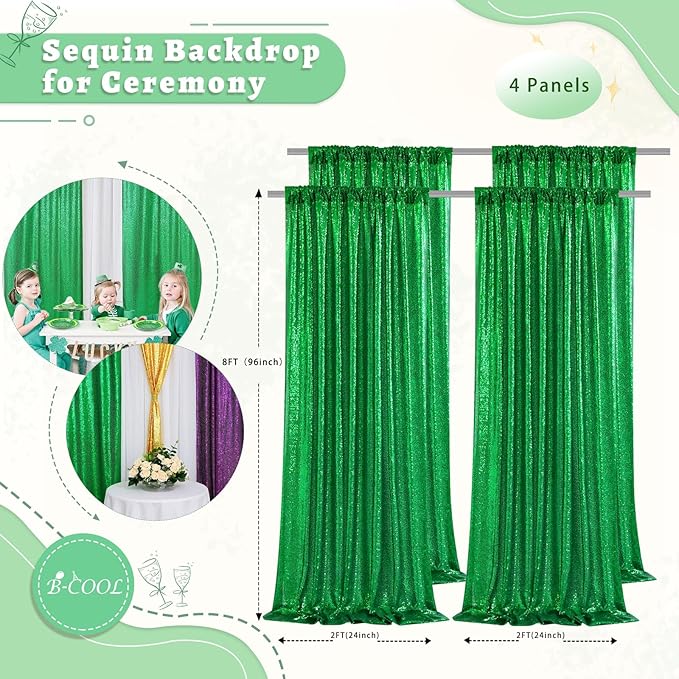 B-COOL Green Backdrops 4 Panels 2ftx8ft Sequin Backdrop Curtains Fabric Shiny Backdrop Fabric Dark Green Stage Backdrop Drapes Party Decorations