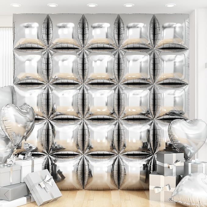 Silver Square Foil Balloon Wall,25Pcs Silver Balloons Backdrop Helium Balloon Tunnel Arch Garland Kit for Birthday Bridal Anniversary Baby Shower Party Decorations