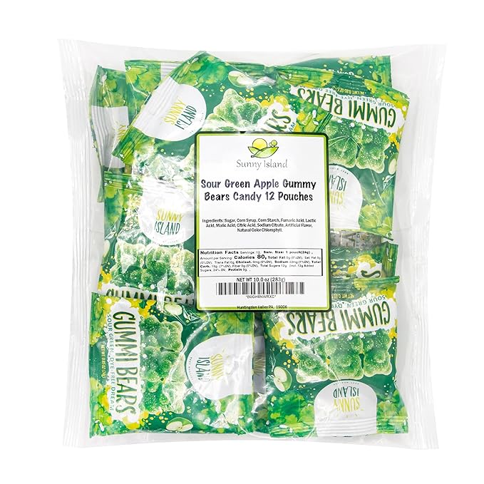 Green Apple Gummi Bears | 12 Packs of Sour Gummies | Dye Free Candy | Chewy Candy for Party Favors, Goodie Bags, Snacking and Gifting | Gelatin Free Treat