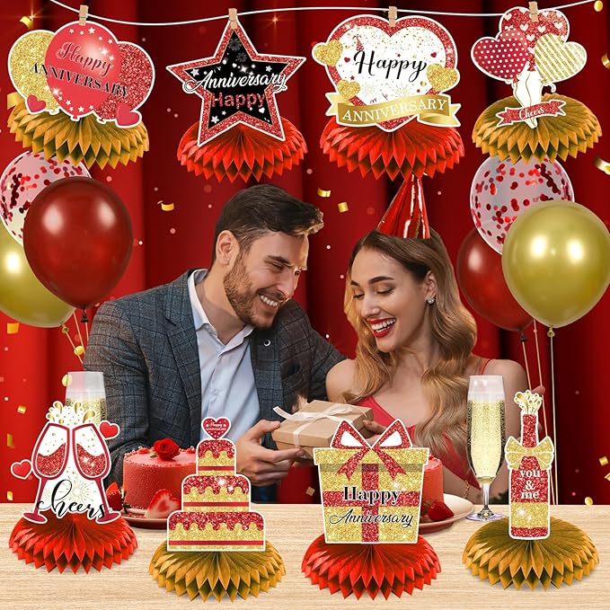 8Pcs Happy Wedding Anniversary Decorations Red Gold Anniversary Table Honeycomb Centerpiece Anniversary Table Toppers Party Supplies for Adult 10th 20th 30th 40th 50th 60th Anniversary Table Decor