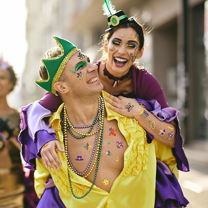 12 Sheets Mardi Gras Tattoos, Mardi Gras Stickers Accessories, New Orleans Carnival Party Favors Crown Mask Tattoos Stickers for Fat Tuesday Parades Masquerade Decorations