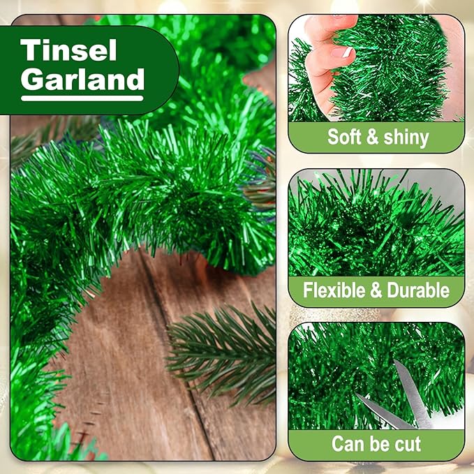 25 Feet Christmas Tinsel Garland, Metallic Twist Garland Wall Hanging Tinsel Garland Backdrop for Parade Floats, Carnival, Birthday, Wedding, New Year Party Decorations (Green, 4in x 25ft)
