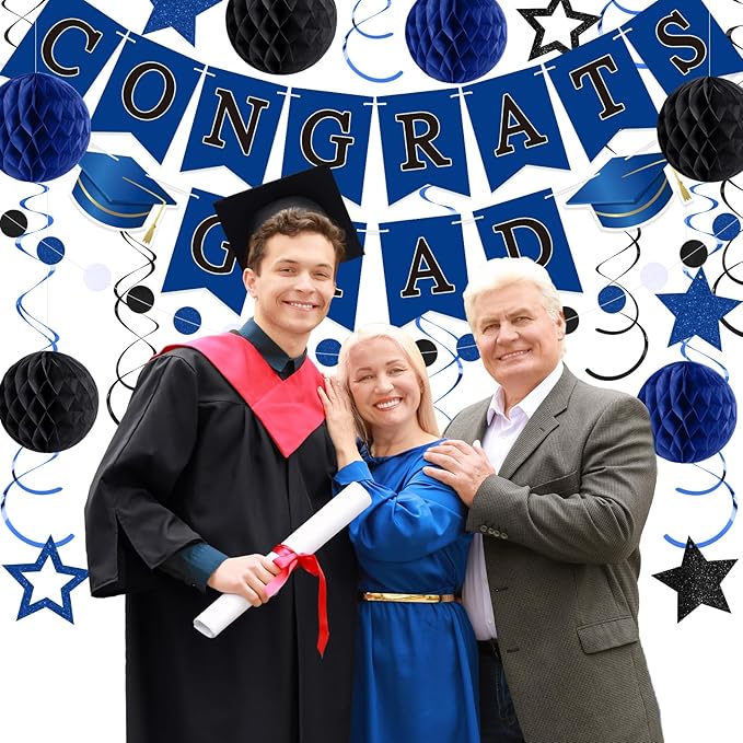 Blue and Black Congrats Grad Banner 2026 Graduation Decorations with Hanging Swirl Honeycomb Ball Circle Garland Grad Party Favor Supplies for College Senior High School Classroom Decor