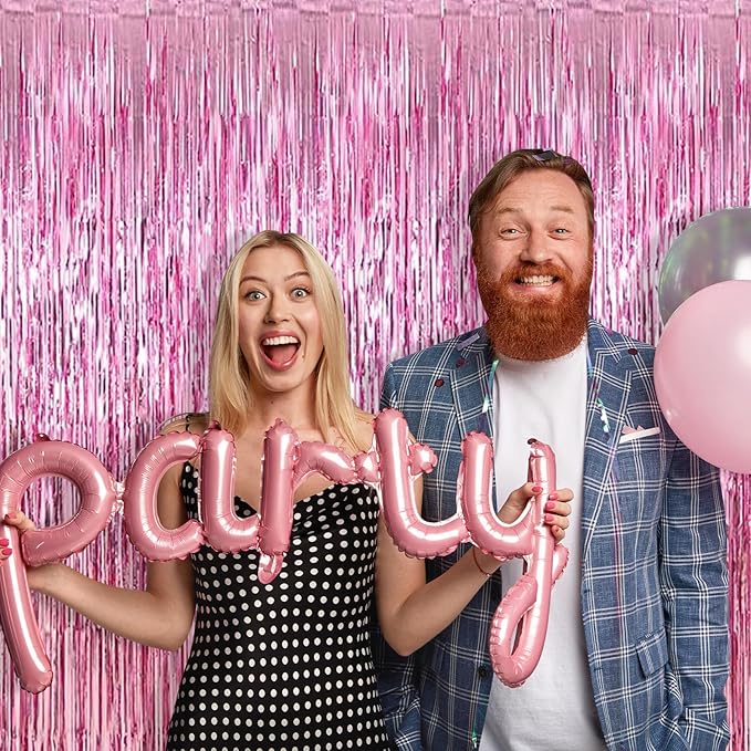 12 Pack Pink Foil Curtain Backdrop 3.2ft x 6.6ft Metallic Tinsel Fringe Backdrop Curtains Streamer Photo Booth Backdrop for Birthday Engagement Bachelorette Christmas Holiday Party Decorations