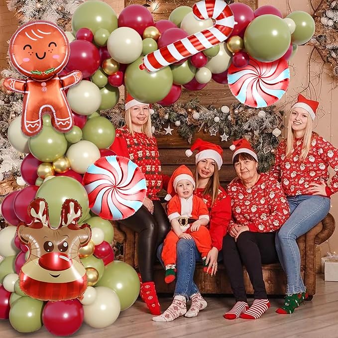 Christmas Balloon Garland Arch Kit, 103PCS Retro Green White Ruby Red Balloons Arch with Elk Head Candy Cane Foil Balloons, Gingerbread Man Windmill Foil Balloons for Christmas New Year Party Supply