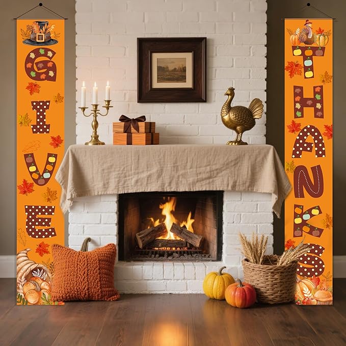 OHOME Thanksgiving Decorations - GIVE THANKS Porch Banner | Fall Decor for Indoor Outdoor Outside - Friendsgiving Party Decorations Autumn Pumpkin Welcome Door Sign for Home Yard Wall
