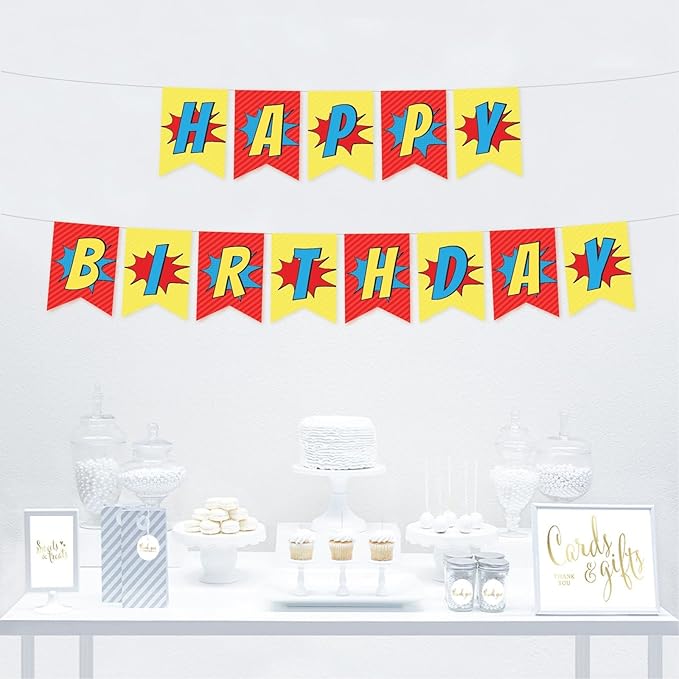 Andaz Press Hanging Pennant Banner Party Decorations, Superhero Pow Bam Style Theme, Happy Birthday, 1-Pack, Approx. 5-Feet