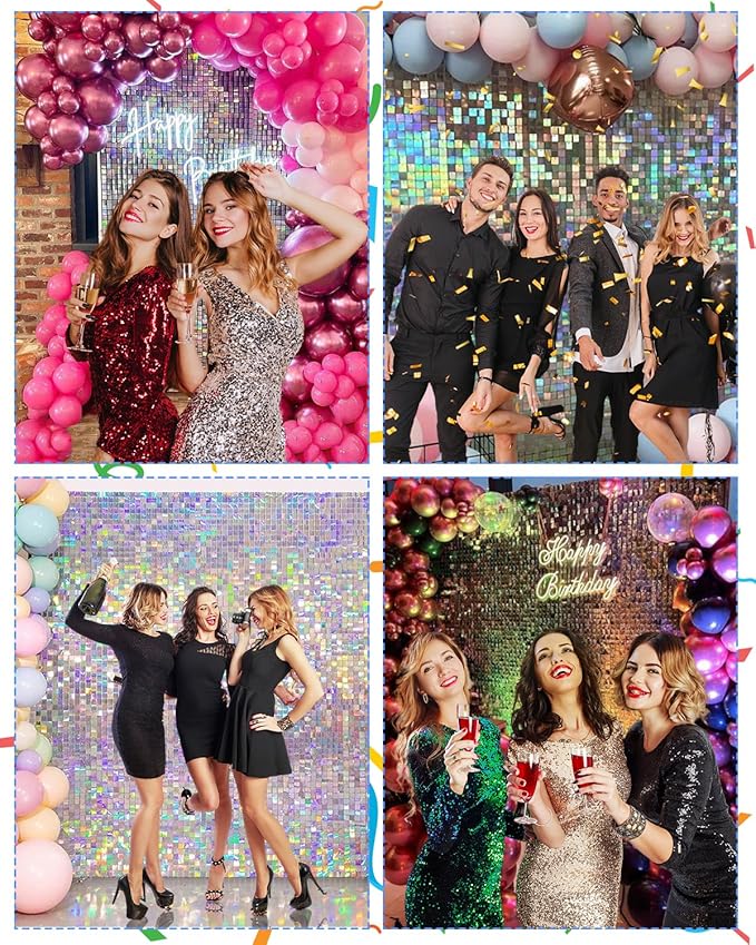 Iridescent Silver Shimmer Wall Backdrop, Sparkling Sequins, 12PCS Sequin Decoration Panels, Glitter Glam Photo Background Decorations for Birthday Party Wedding Engagement Anniversary Graduation