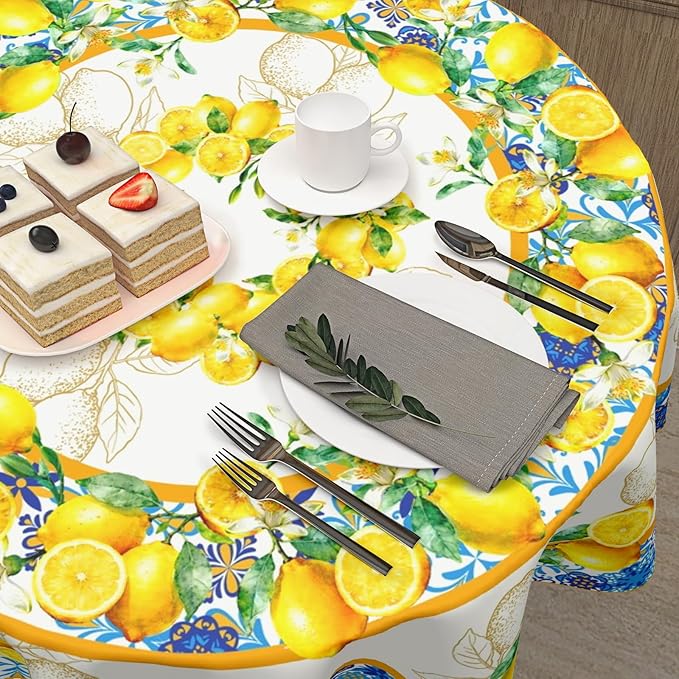 Lemon Round Tablecloth 70 Inch Yellow and Blue Circle Table Cloth Summer Holiday Table Cover Washable Polyester Decorations for Season Home Kitchen Dinning Party
