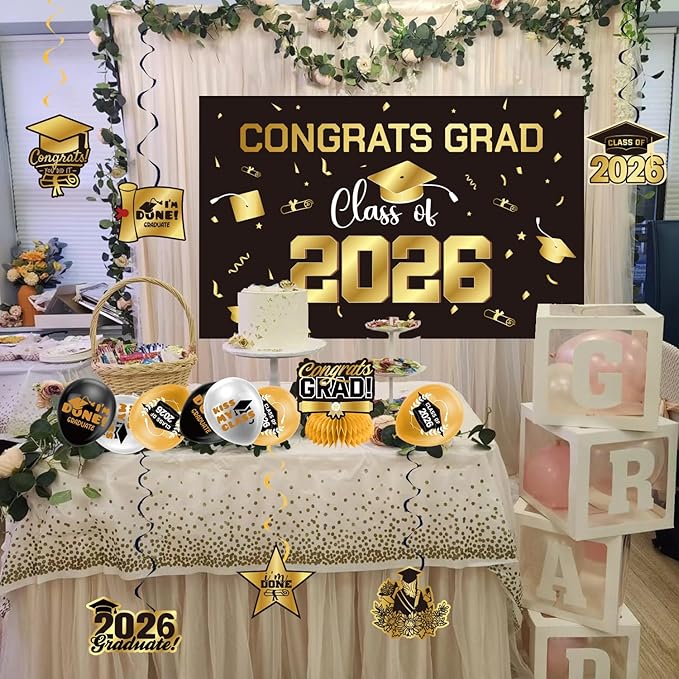 Graduation Decorations 2026 Gold Themed Set - Congrats Grad Banner, Class of 2026 Backdrop, Balloons & Streamers Kit - Complete Party Supplies for High School & College Celebrations