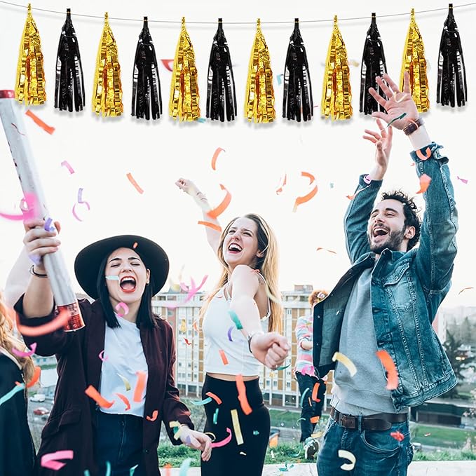 BEISHIDA 3 Packs Black Gold Metallic Foil Fringe Tassel Garland, Tassels Banner Streamers for New Year Graduation Birthday Wedding Engagement Bridal/Baby Shower Christmas Holiday Party Decoration