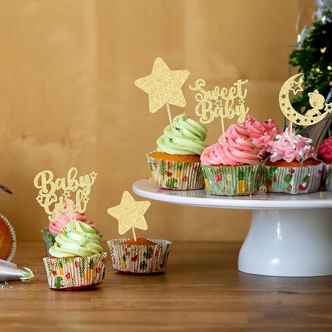 Gyufise 24Pcs Gold Glitter Baby Girl Cupcake Toppers Star Moon Sweet Baby Shower Cupcake Picks Decorations Baby Shower Girls Birthday Party Decorations Supplies