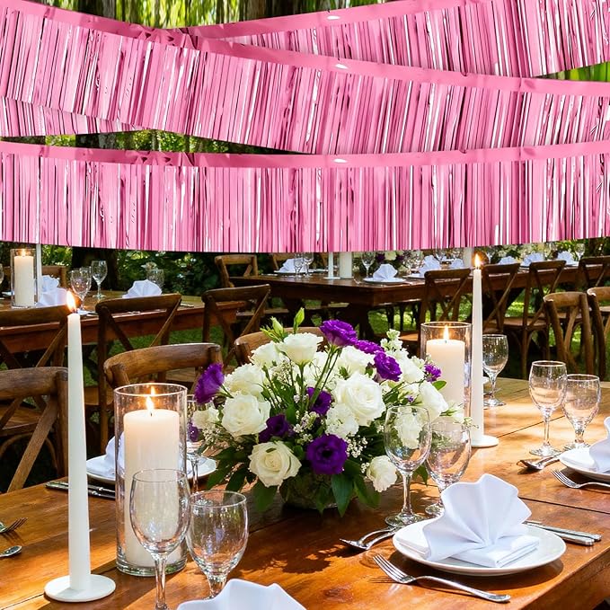 4 Packs Foil Fringe Garland Tinsel Streamers Shiny Wall Hanging Birthday Banner Backdrop for Graduation Wedding Anniversary Celebration Happy Birthday Party Decorations Pink
