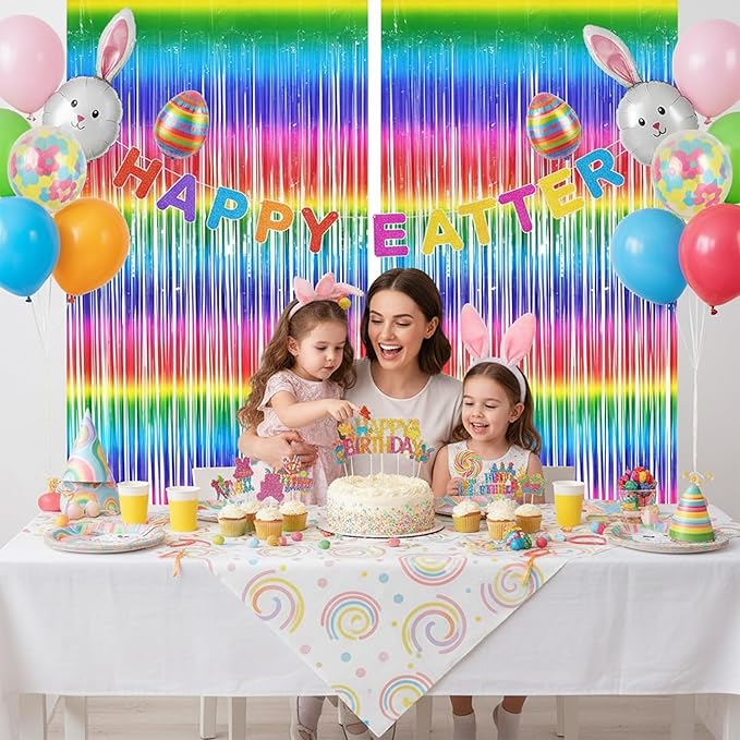BRAVESHINE Tinsel Foil Curtains - 2 Pack Colorful Party Streamers Fringe Backdrop for Valentines/Easter/Doorway/80s/90s/Dance/Bachelorette/Engagement/Rainbows-theme/Candy/Birthdays Decorations