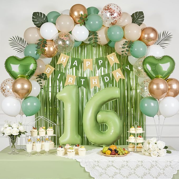 Sage Green Sweet 16 Birthday Decorations for Girls Boys, 16th Birthday Party Supplies with Green Number 16 Balloon, Sand White & Cream Balloon Kit and Fringe Curtains