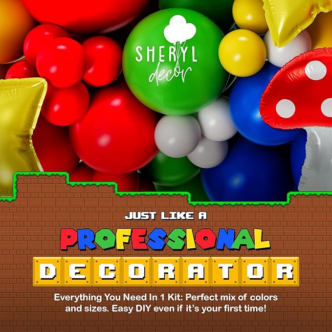 ALL-IN-1 Super Adventure Balloon Arch Kit with BONUS Mushroom, Cloud & Star Balloons for Bros Party Decorations - Red Blue Green Yellow Balloons for Video Game Birthday Decoration & Party Supplies