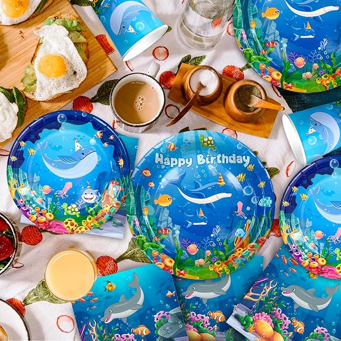 Under The Sea Party Supplies Serves 24, Ocean Sea Party Tablewear Set, Ocean Themed Party Decorations Plates Cups Napkins Tablecloth Banner etc Ocean Animal Party Tableware