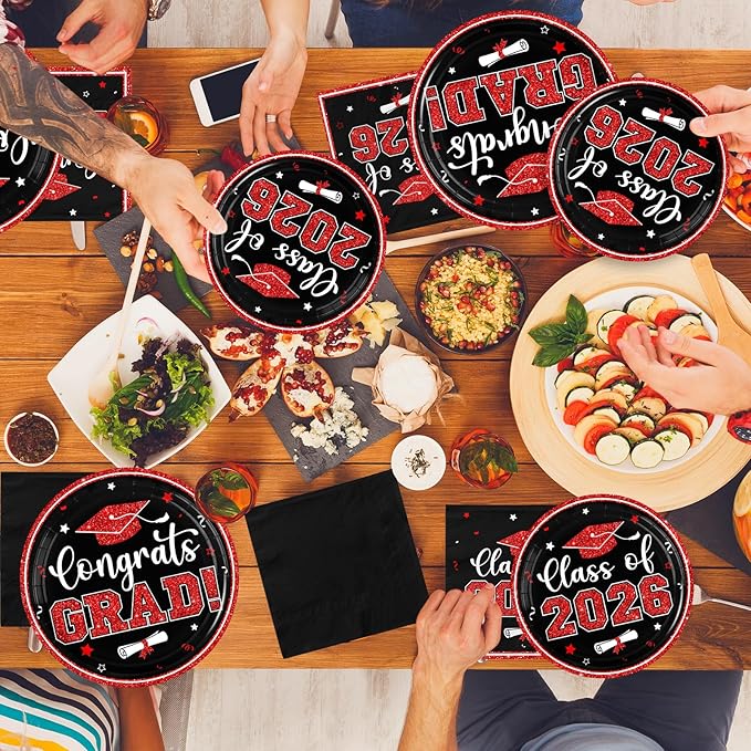 Graduation Plates and Napkins 2026,Red and Black Graduation Decorations 200pcs Graduation Paper Plates and Napkins Graduation Party Supplies for Graduation Party Decorations,Serve 50