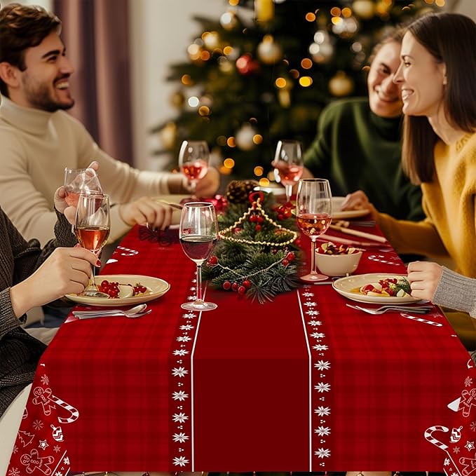 Childom 2 Pack Christmas Tablecloths Disposable,Christmas Decorations,54 x 108 Inch,Plastic Table Cloths for Rectangle Tables,Red Themed Checkered Table Covers for Xmas,Indoor,Outdoor,Birthday,Parties