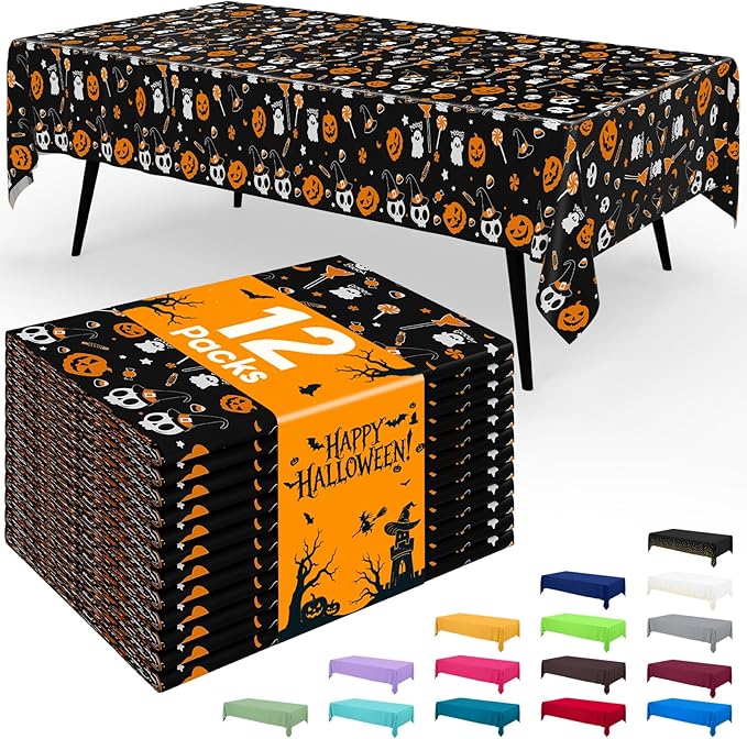 Smiry Disposable Table Cloth - 12 Pack, 54 x 108 Inch Waterproof Rectangle Tablecloths for Parties, Decorative Plastic Table Cover, Leakproof & Sturdy, Black & Silver