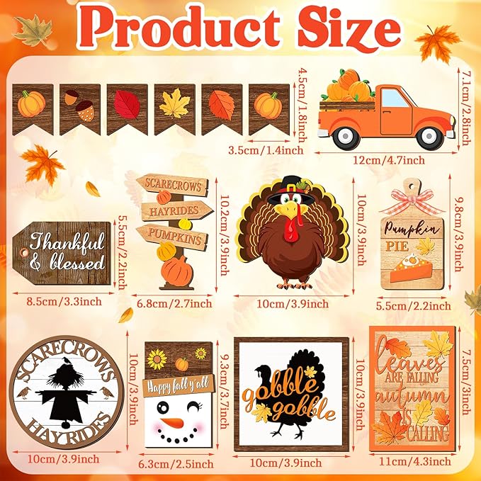15 Pcs Thanksgiving Tiered Tray Decorations Set Thanksgiving Fall Pumpkin Turkey Home Decorations Rustic Farmhouse Truck Wooden Sign Spice Blocks Autumn Wooden Sign for Gift Tabletop