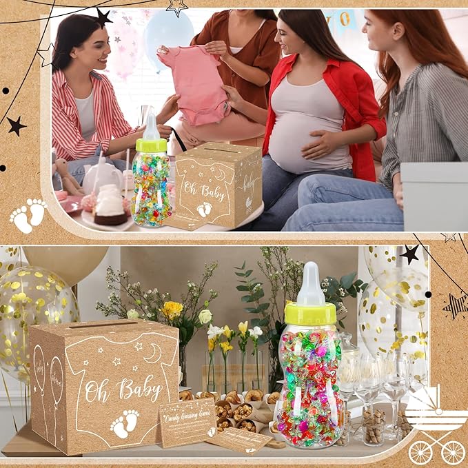 Glenmal 52 Pcs Baby Shower Games Gift Sets Large Baby Bottle for Shower Game Guess How Many Candies Decorations for Gender Reveal(Kraft)
