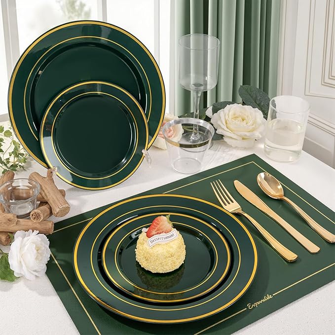 350PCS Green and Gold Plates - Green Plastic Plates 50Guests Plastic Plate with Rolled Napkins for Party/Birthday/St. Patrick's Day/Easter