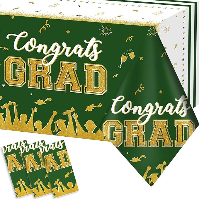 chiazllta Set of 3 Graduation Tablecloths Class of 2026 Congrats Grad Green Graduation Party Tablecover Decorations Party Supplies Large Size Plastic 54"x108"(Green & Gold)