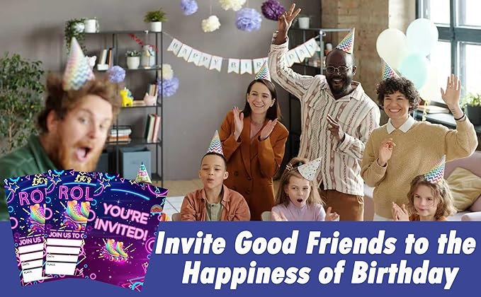 CLIRBE Let's Roll Birthday Party Invitations, Glow Purple Birthday Invitations For Brother Bro Teen Boys Girls, 20 Invites Cards With 20 Envelopes, Party Supplies Favors -H06