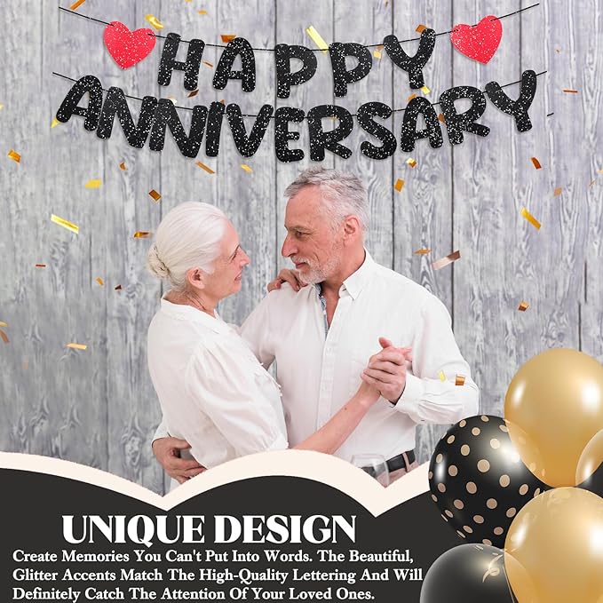Happy Anniversary Decoration Glitter Anniversary Party Decorations Romantic Decorations Wedding Party Banner No DIY Pre-strung Happy Anniversaries Banner for Decoration Supplies Birthday Door(Black)