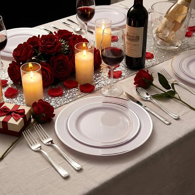 Supernal 200pcs Silver Plastic Dinnerware Sets for 25 Guests included Silver Silverware Set & Plastic Plates heavy duty Disposable Cups and Paper Napkins Disposable for Party Birthday and Wedding