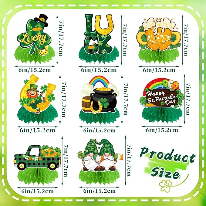 JULMELON St. Patrick's Day Table Decorations Honeycomb Centerpiece, 8pcs Shamrock Leprechaun Lucky Gold Coin Table Topper Irish Party Home Decor
