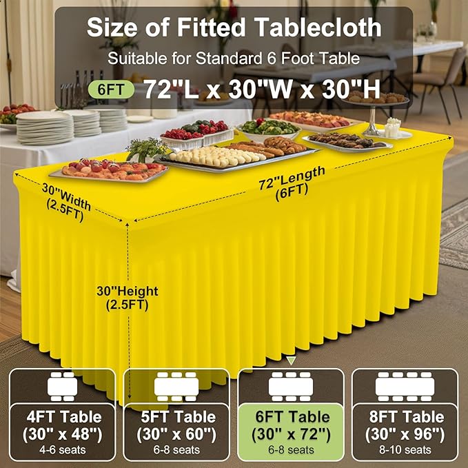 Smiry Spandex Tablecloth, Elastic Fitted Stretch Tablecloth for 6FT Rectangle Tables, Waterproof Washable Table Cover Skirt for Outdoor, Wedding, Banquet & Parties (Yellow, 72Lx30Wx30H Inch)