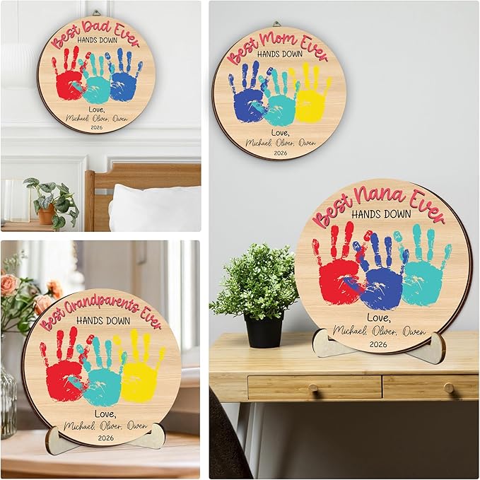 Personalized Hands Down Best Grandma Ever Handprint Kit with Paint, Family Craft Wooden Sign, Fathers Day Handprint Plaque Keepsake, Valentines Day Birthday Gift for Mom, Dad, Grandma, Nana