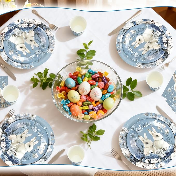 200 Pcs Easter Party Supplies Easter Bunny Hydrangea Decorations Disposable Plates Cups Napkins Set Rustic Farmhouse Tableware Serve 50 Guests Wildflowers Dinnerware for Spring Table Decor