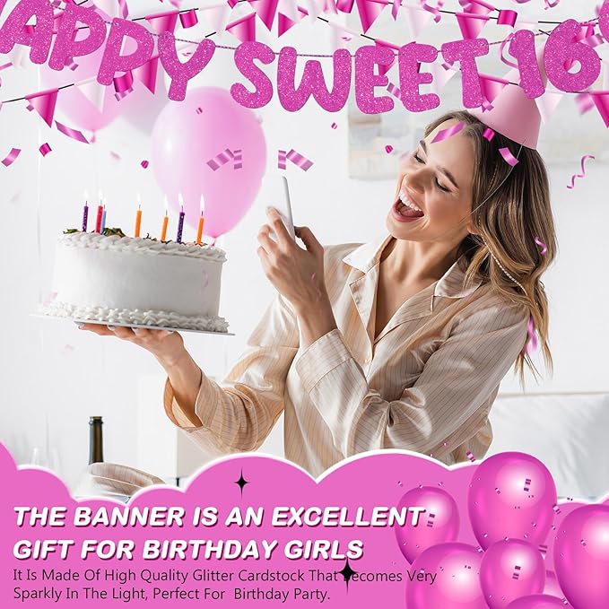 Fulmoon Pre Strung Happy Sweet 16 Banner Glitter Sixteenth Birthday Party Decorations 16th Party Sign Sweet 16 Party Decorations for Birthday Party Bachelorette Party(Hot Pink)