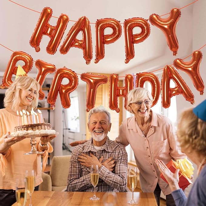 KALOR Orange Happy Birthday Balloons Banner, 16 Inch Mylar Foil Letters Balloon Sign for Birthday Party Decorations Photo Booth Backdrop