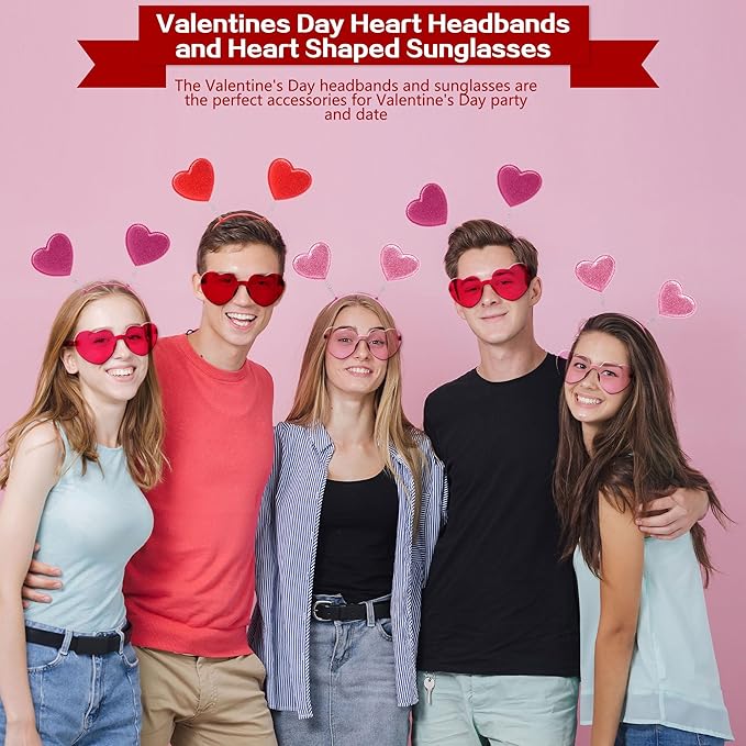 18 Pack Valentine's Day Glitter Heart Headband and Heart Shaped Sunglasses for Valentine's Day Wedding Party Supplies