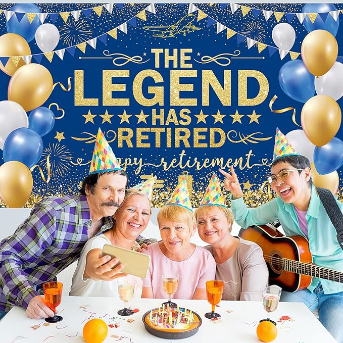 Blue Gold The Legend Has Retired Banner Backdrop Photography Background Hanging Happy Retirement Party Decoration for Men Women Office Colleagues Farewell Accessories Supplies 72.8 * 43.3in