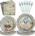 Grencian 96Pcs Pirate Party Supplies Vintage Treasure Map Ship Plates and Napkins Tableware Sets Light Green Pirate Children Theme Decoration for Baby Shower Birthday Theme Party Favors Serve 24