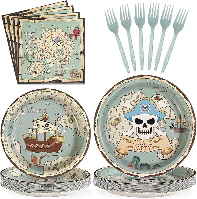Grencian 96Pcs Pirate Party Supplies Vintage Treasure Map Ship Plates and Napkins Tableware Sets Light Green Pirate Children Theme Decoration for Baby Shower Birthday Theme Party Favors Serve 24